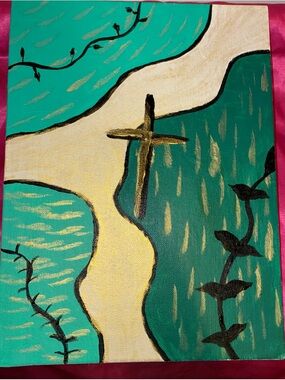 Abstract Coastal Cross Canvas Wall Art in Teal, Gold and Cream